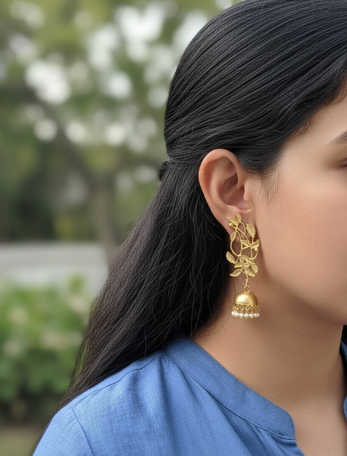 Leaf Matte Gold Jhumki Earrings