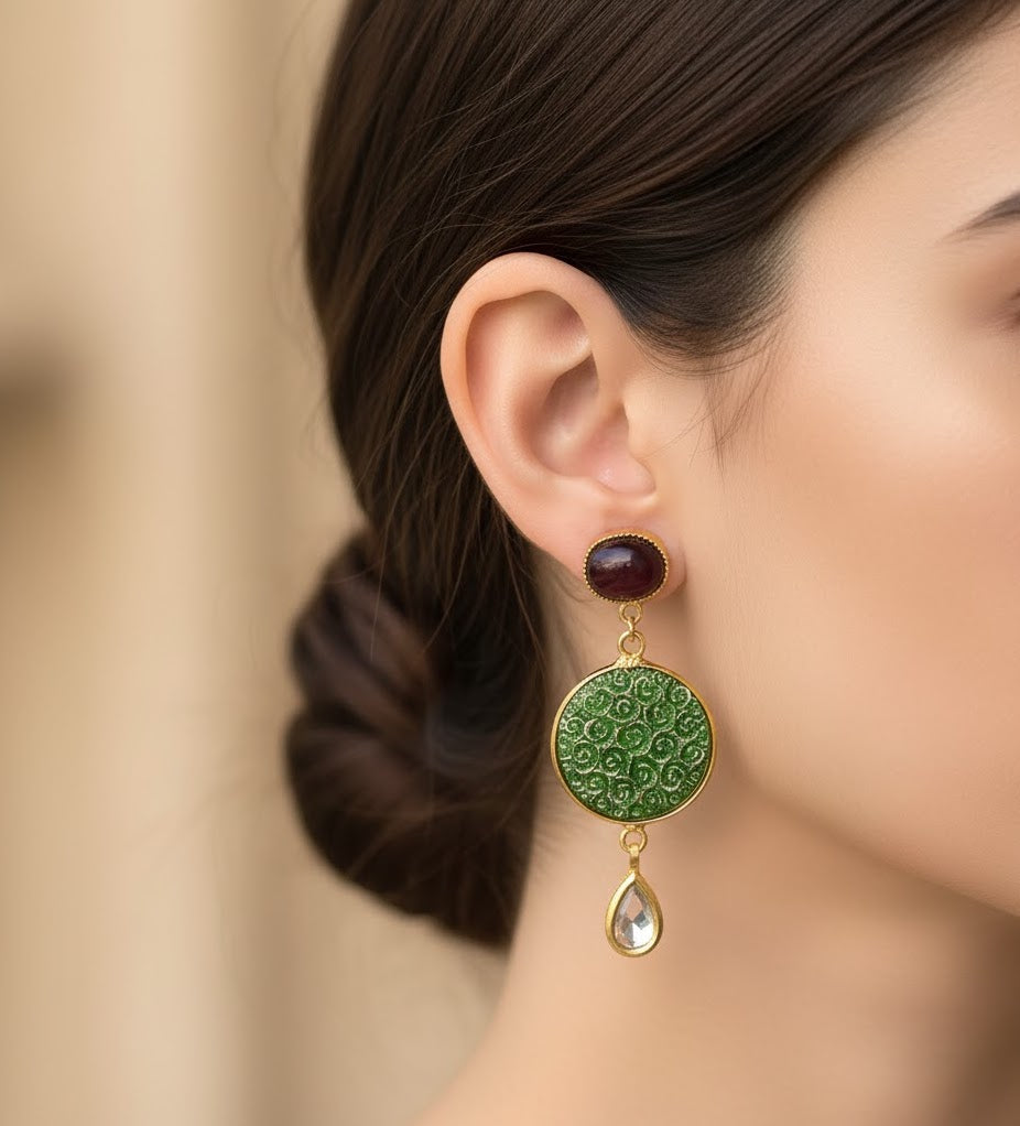 22k Gold Plated Green Floral Kundan Earrings