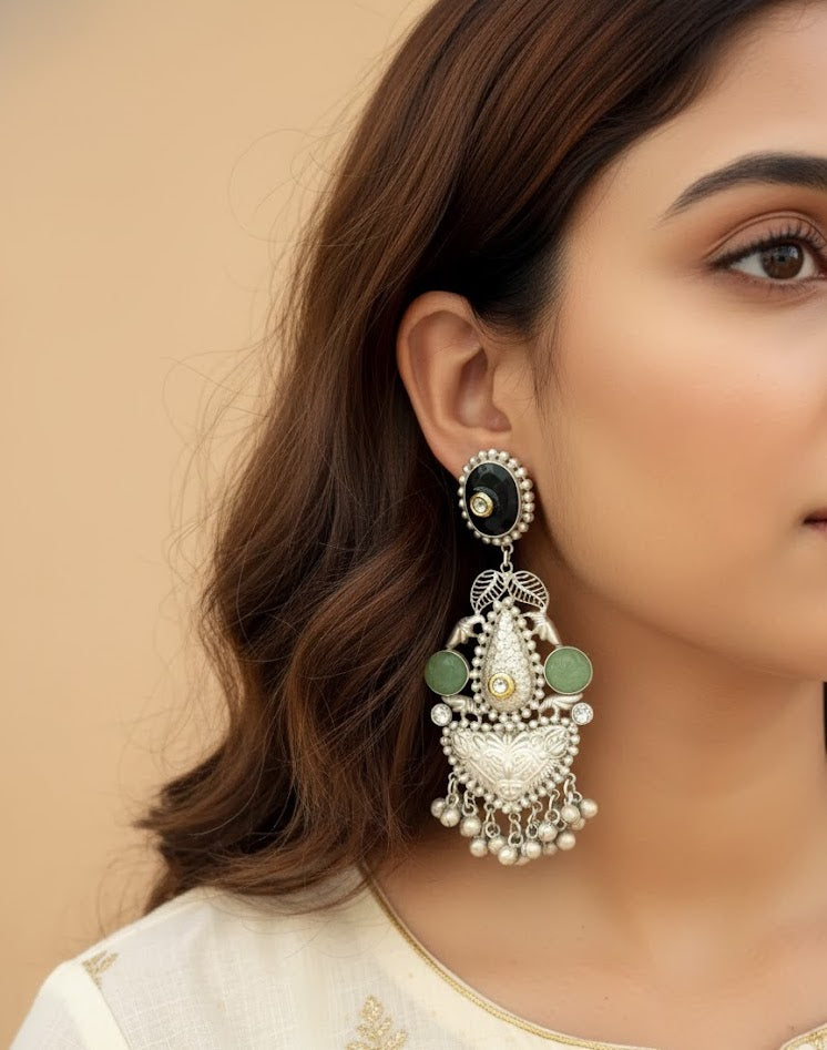 Mint Silver Look Alike Oxidised Long Earrings