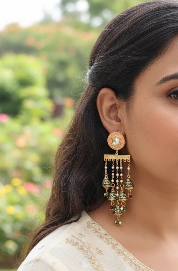Peach Meenakari Long Pearl Earrings