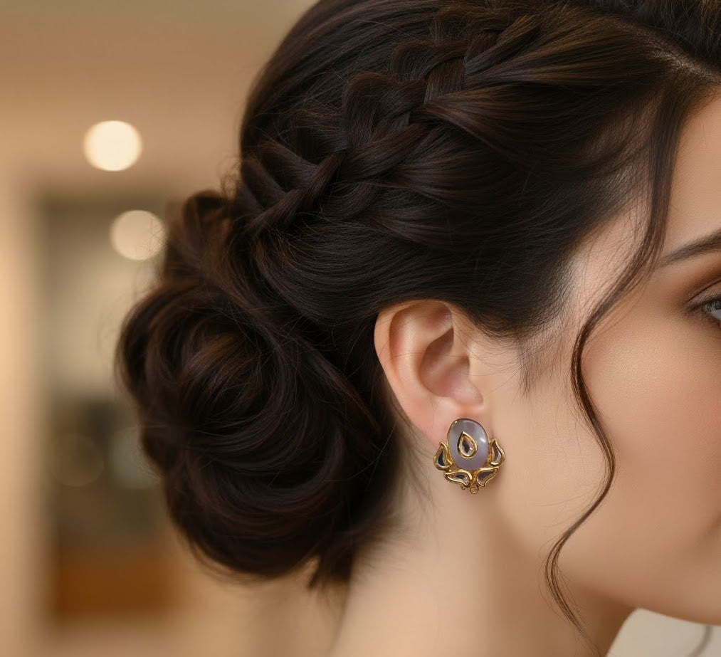 22k Gold Plated Grey Kundan Earrings
