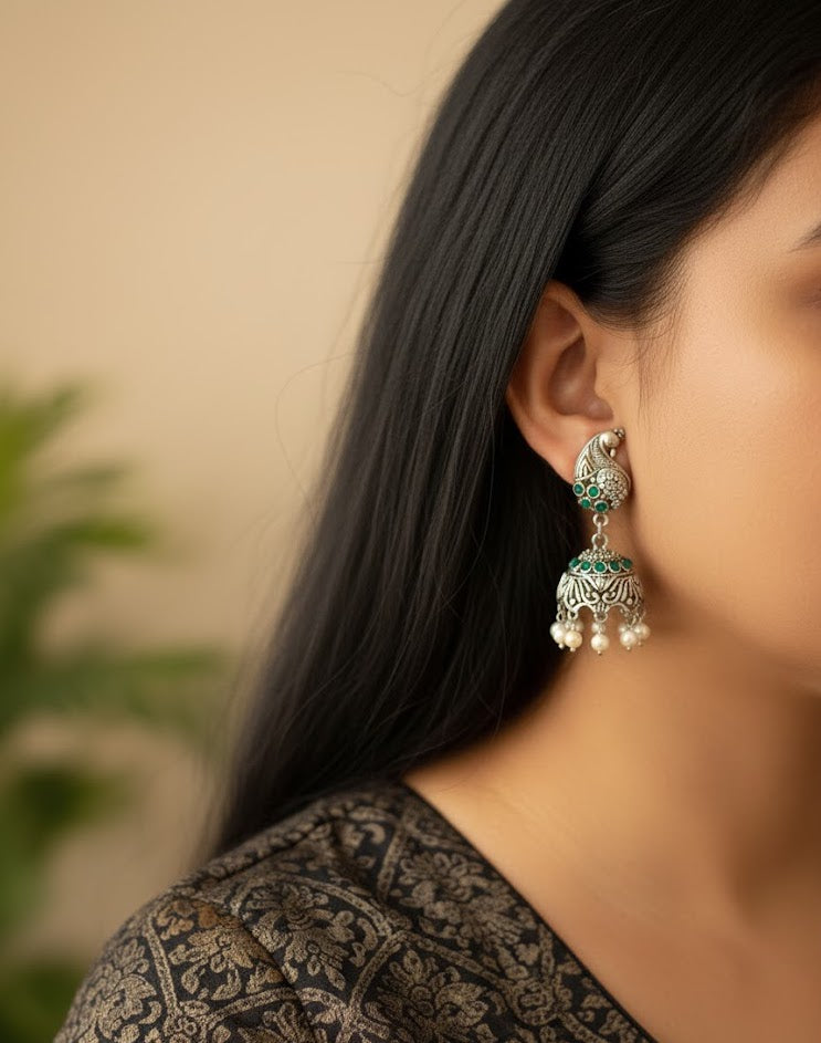 Green Peacock Oxidised Silver Earrings