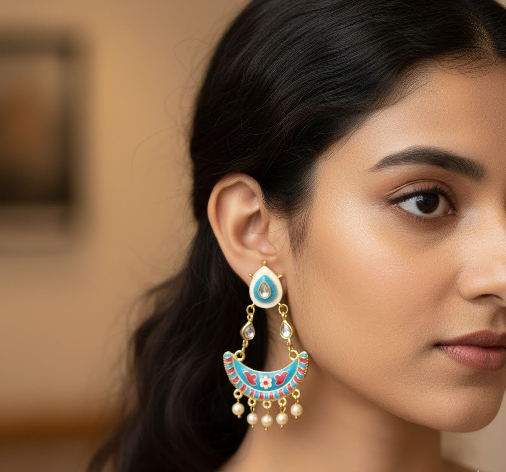 Blue Meenakari Chandbali Earrings