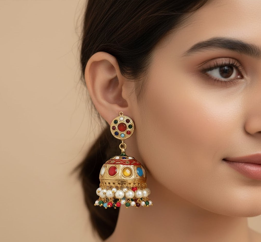 Navratana Stone Jadau Jhumki Earrings