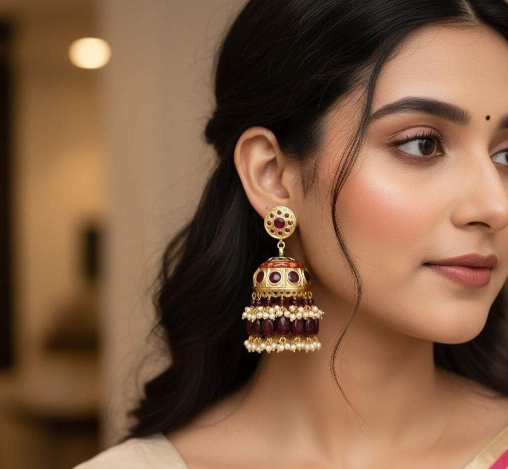 Maroon Jadau Jhumka Earrings