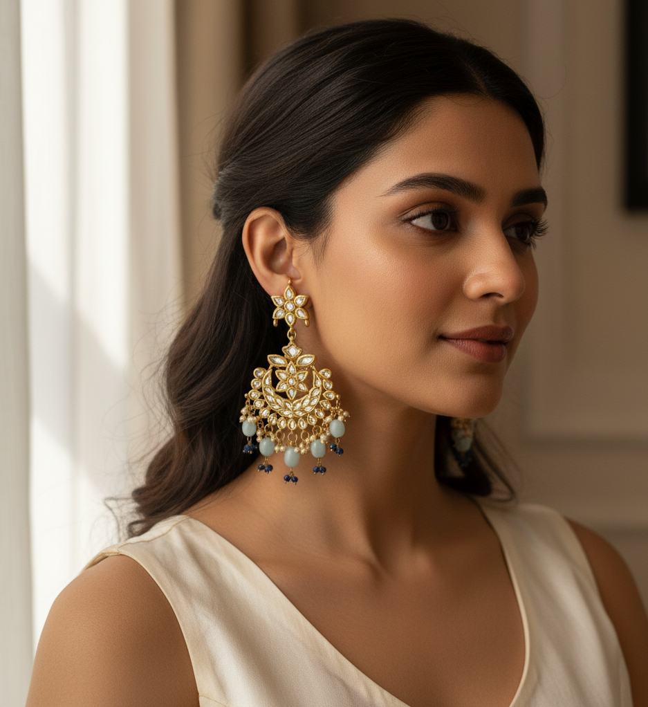 Gold Tone Blue Kundan Chandbali Earrings