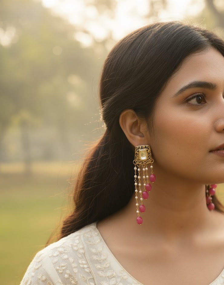 Red Stone Meenakari Long Earrings