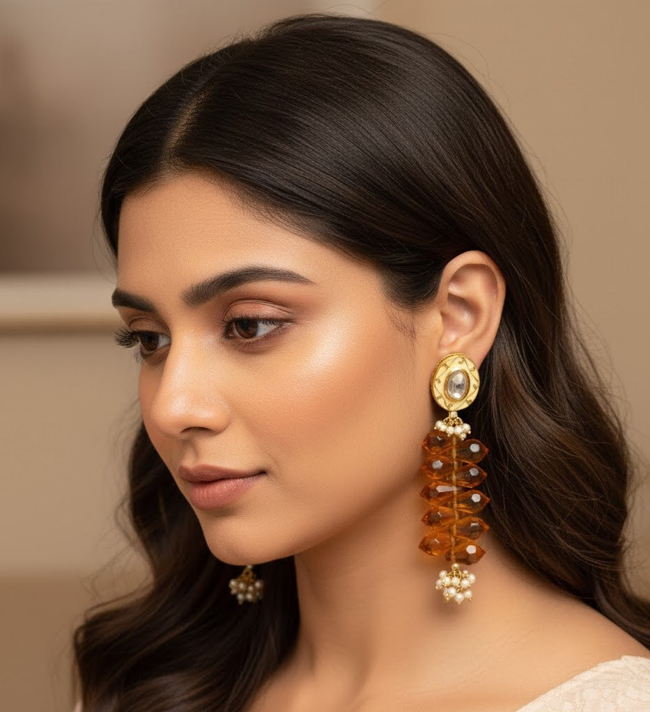 Mustard Beaded Kundan Earrings