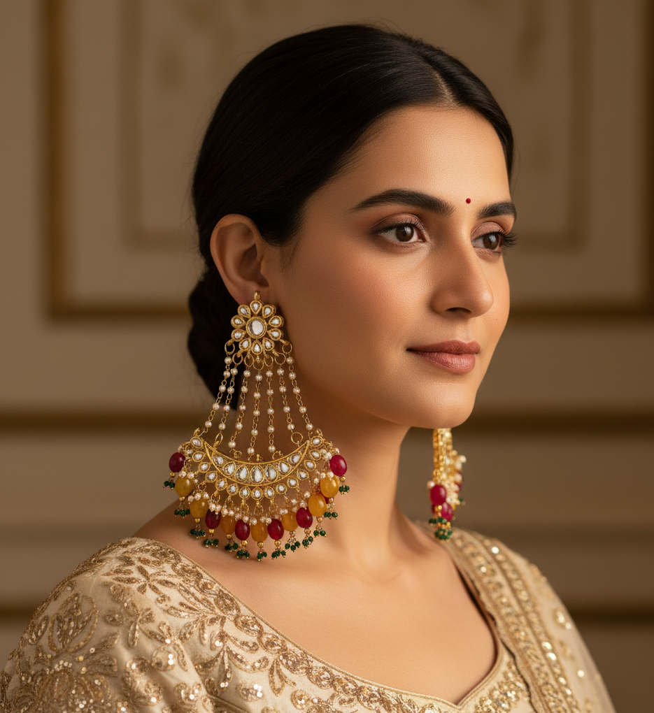 Red Yellow Kundan Long Chandbali Earrings