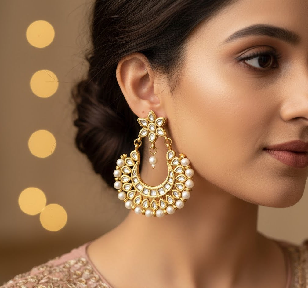 Pearl Beaded Kundan Chandbali Earrings