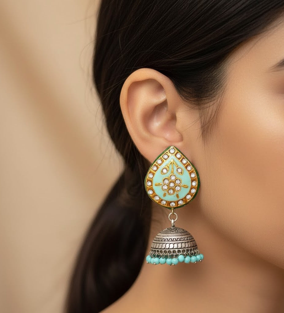 Turquoise Meenakari Oxidised Silver Jhumki Earrings