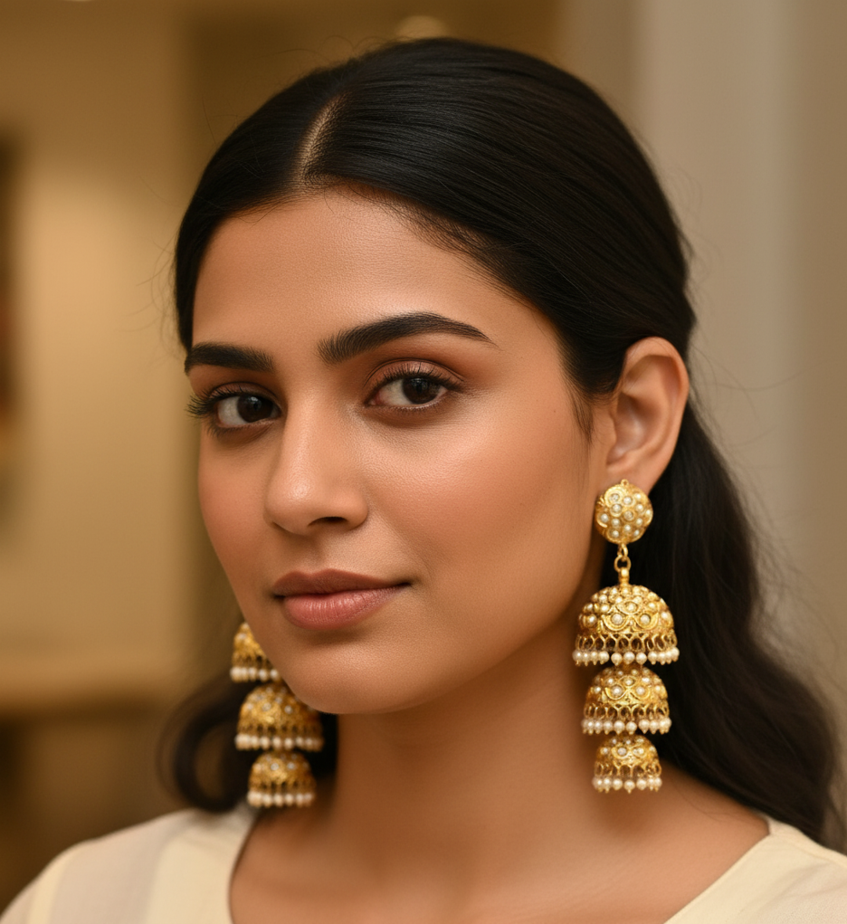 Gold Tone Pearl Layered Jadau Jhumki