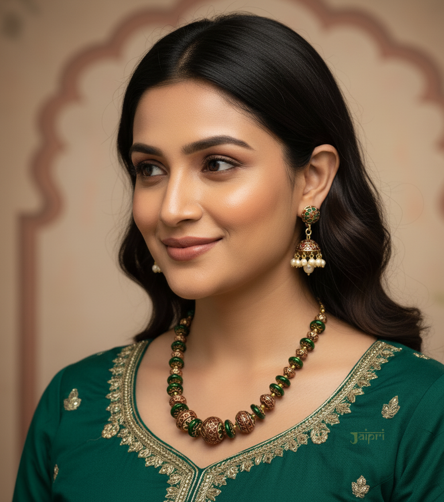 Maroon Green Meenakari Necklace With Earrings