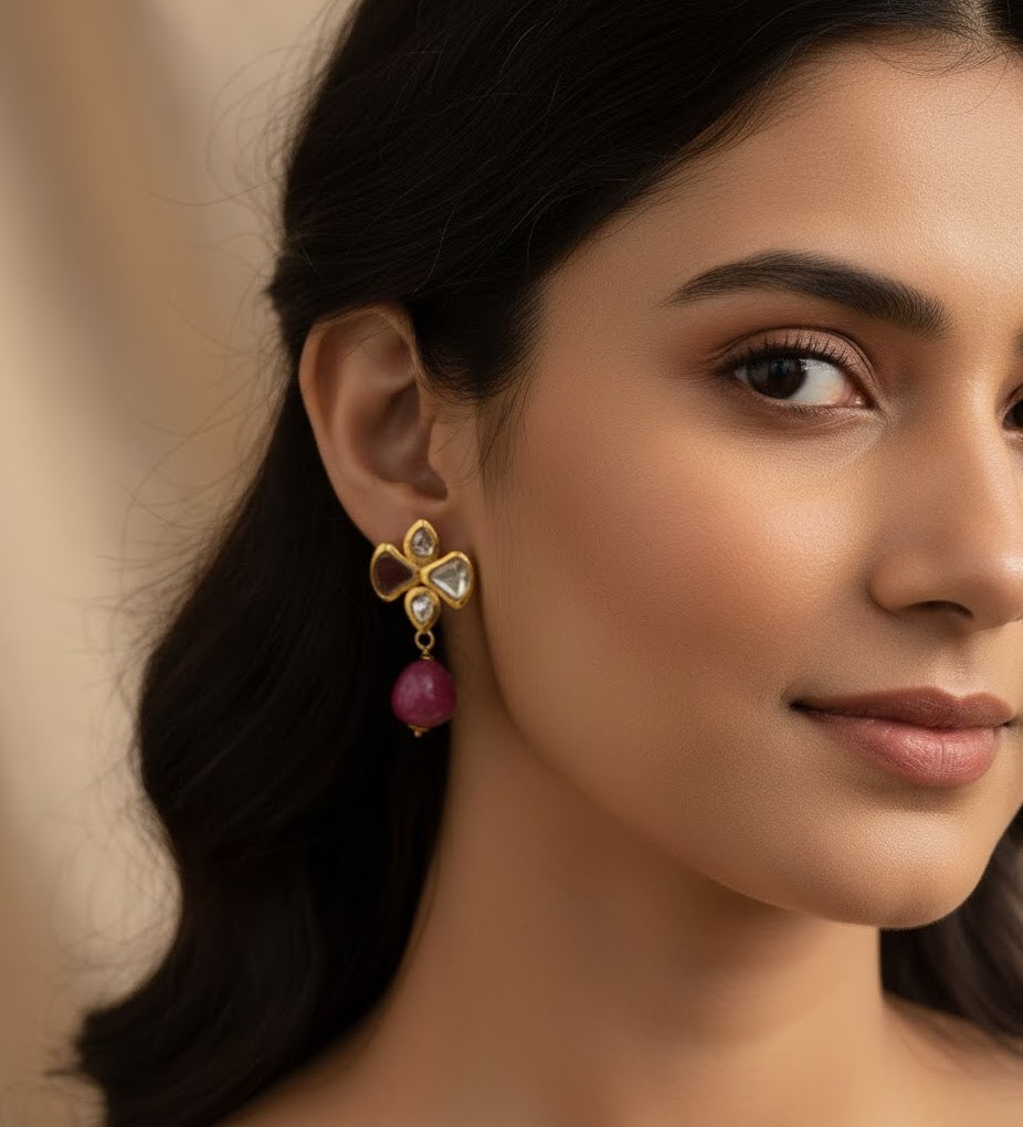 22k Gold Plated Red Drop Kundan Earrings