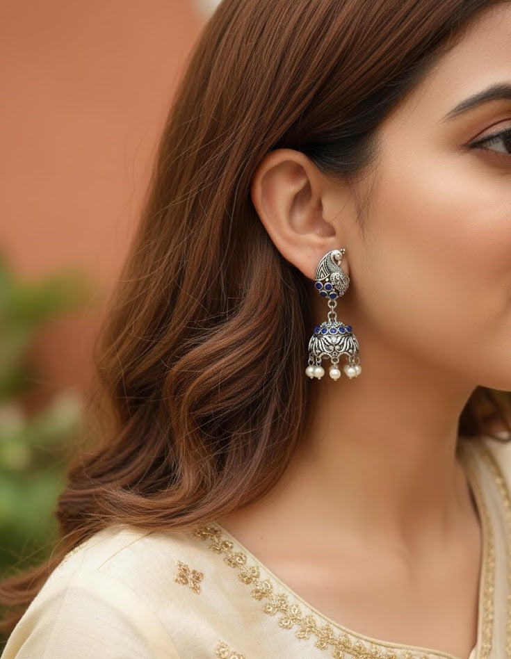 Blue Peacock Oxidised Silver Earrings