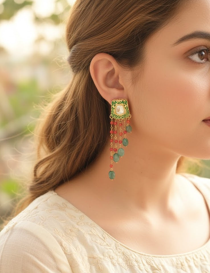 Green Stone Meenakari Long Earrings