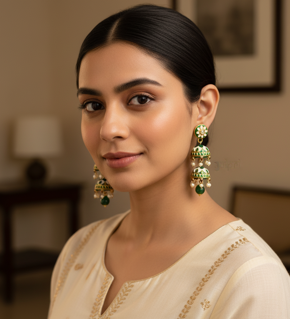 Green Floral Meenakari Jhumki Earrings
