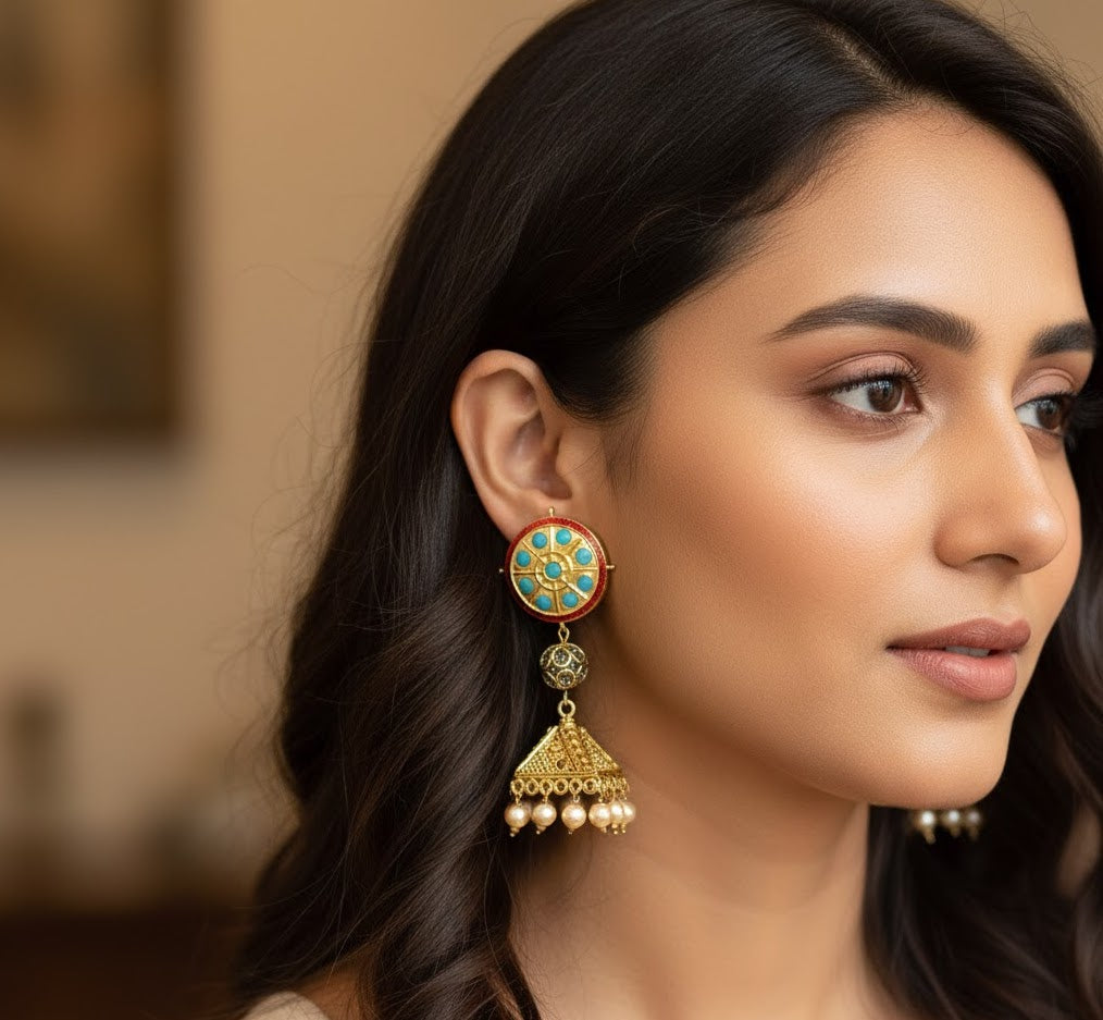 Turquoise Stone Jadau Antique Gold Earrings