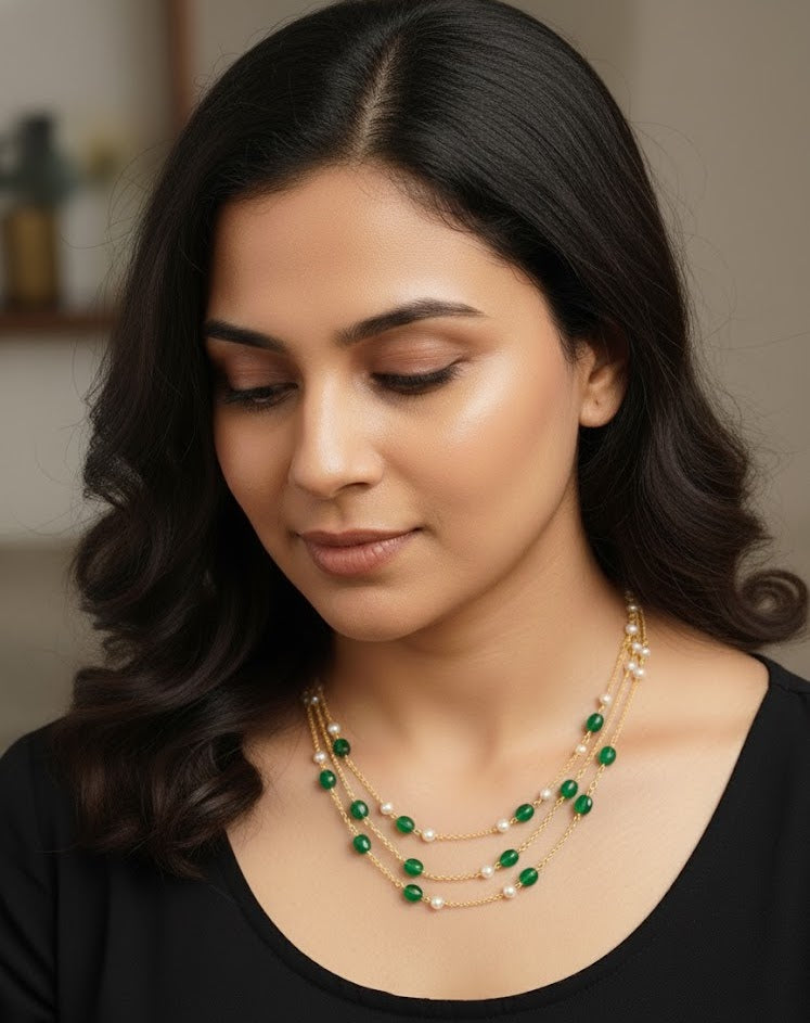 Green Beaded Pearl Chain Necklace