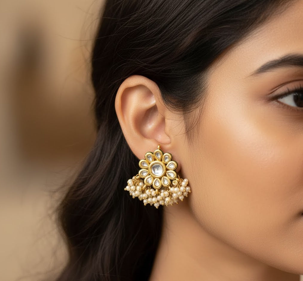 Floral Pearl Kundan Tops Earrings