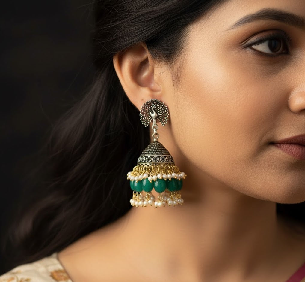 Peacock Emerald Stone Oxidised Jhumki Earrings