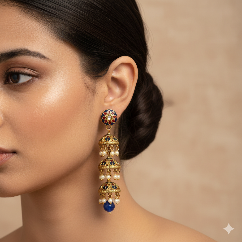 Blue Floral Jhumki Meenakari Earrings