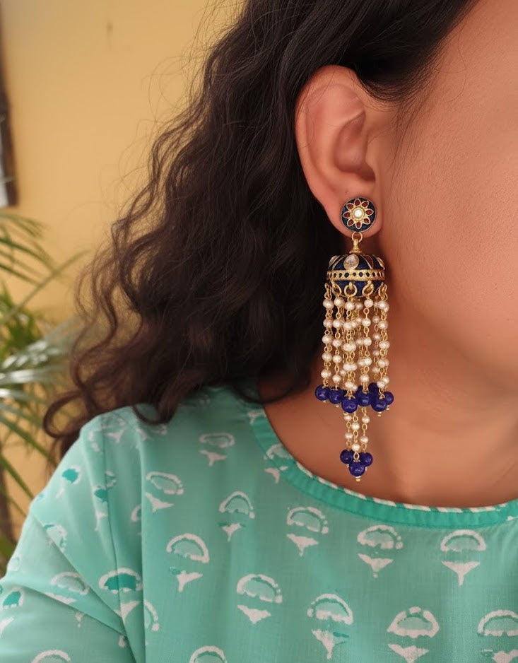 Dark Blue Meenakari Long Pearl Jhumki Earrings