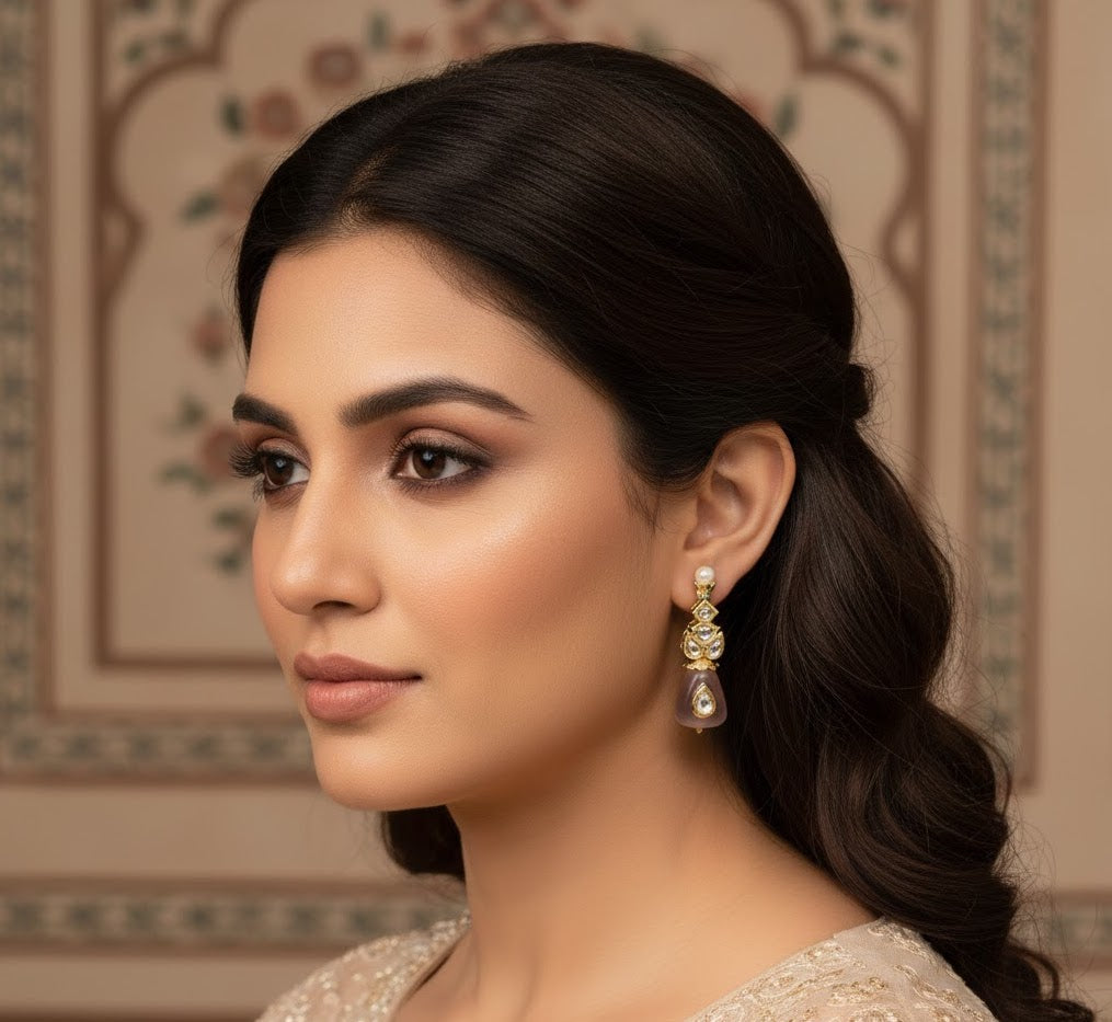 Beige Stone Kundan Earrings