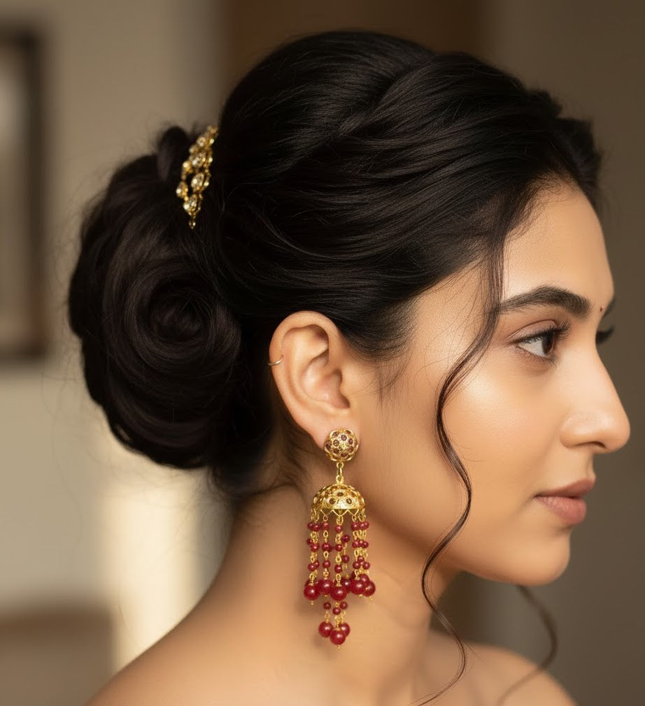 Maroon Jadau Jhumki Earrings