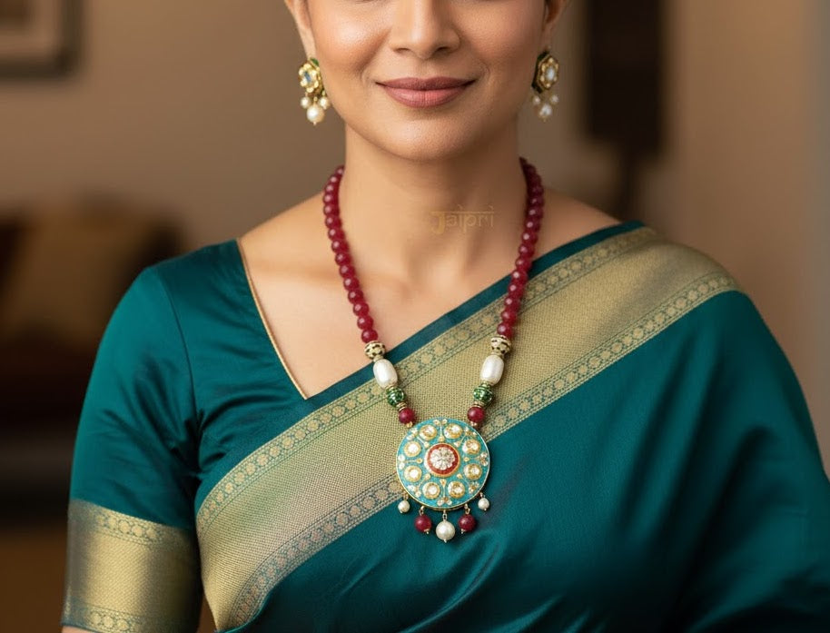 Sea Green Meenakari Pendant With Earrings