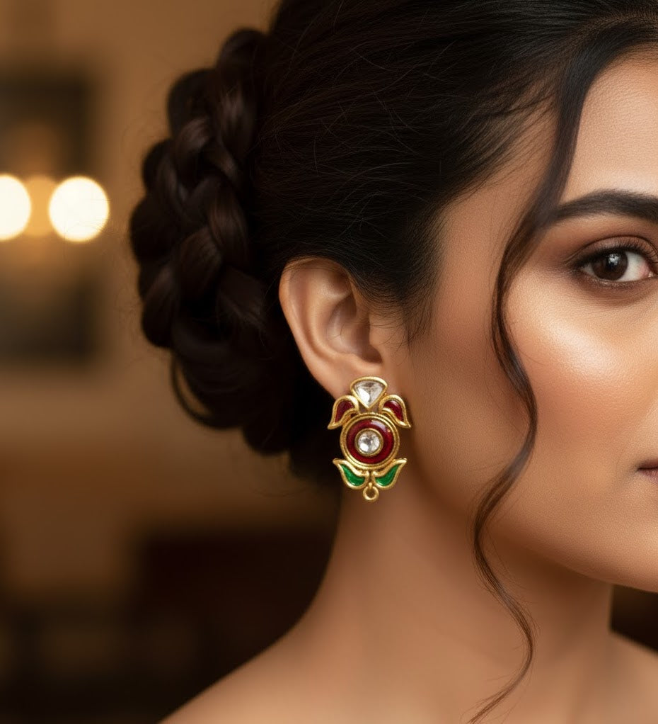 22k Gold Plated Red Green Stone Kundan Earrings