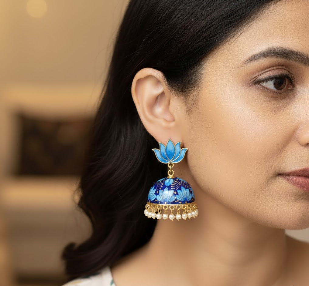 Blue Lotus Handpainted Jhumki Earrings