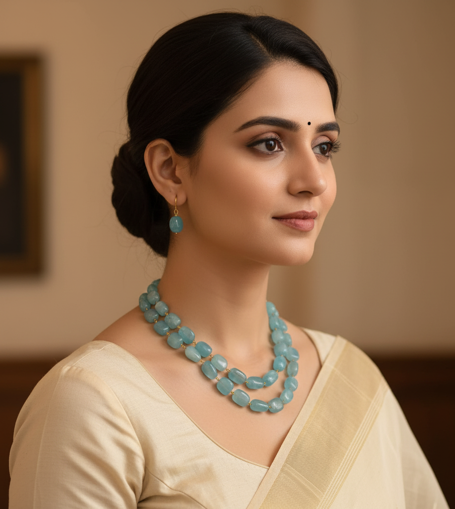 Blue Stone Necklace With Earrings