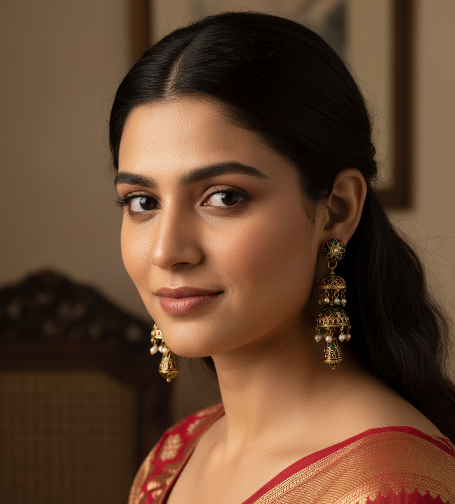 Red & Green Meenakari Floral Jhumki Earrings