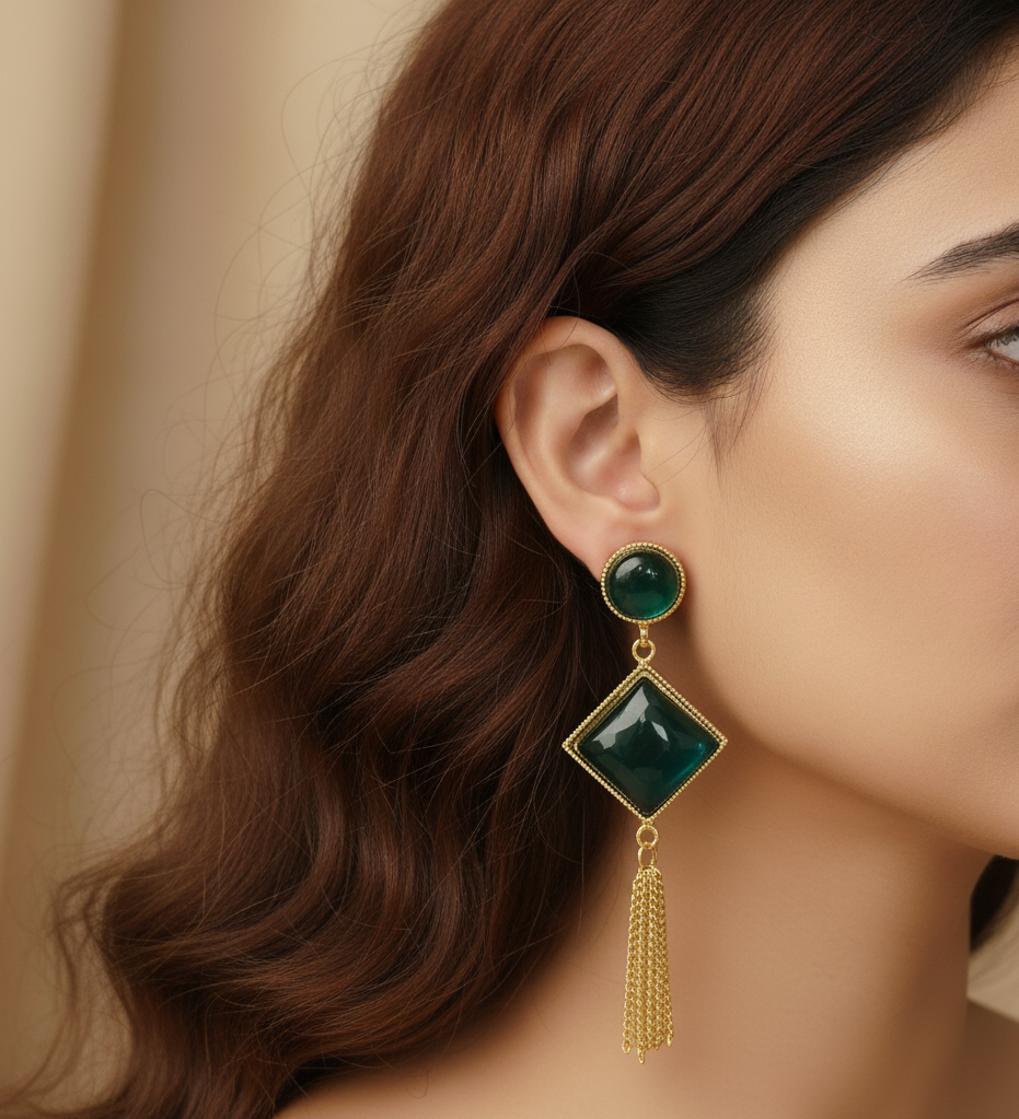 22k Gold Plated Green Long Stone Earrings