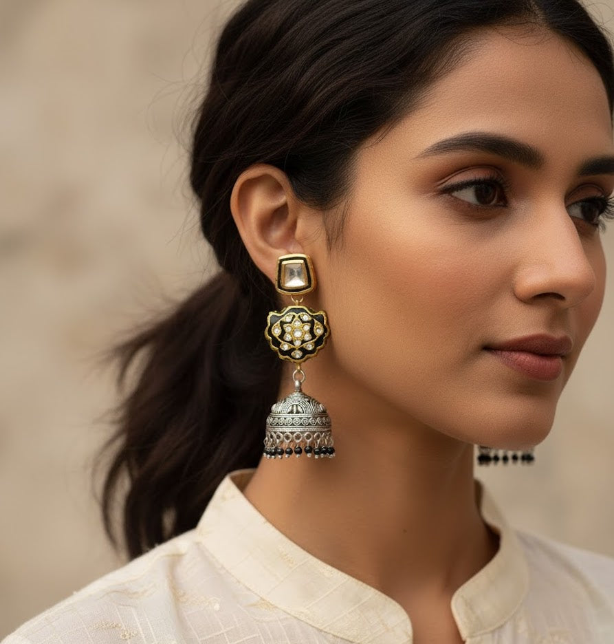 Black Kundan Meenakari Oxidised Silver Jhumki