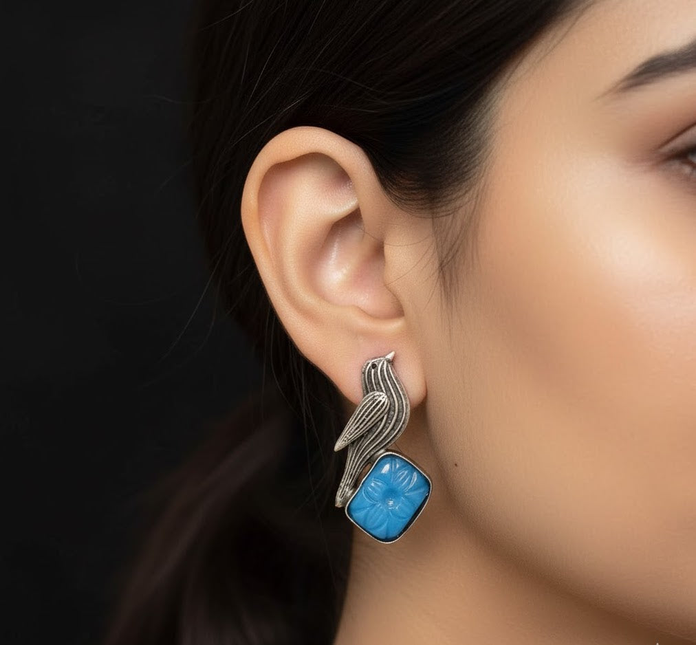 Turquoise Stone Bird Silver Oxidised Earrings