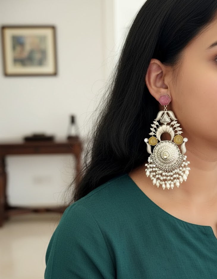 Pink Stone Silver Look Alike Long Earrings