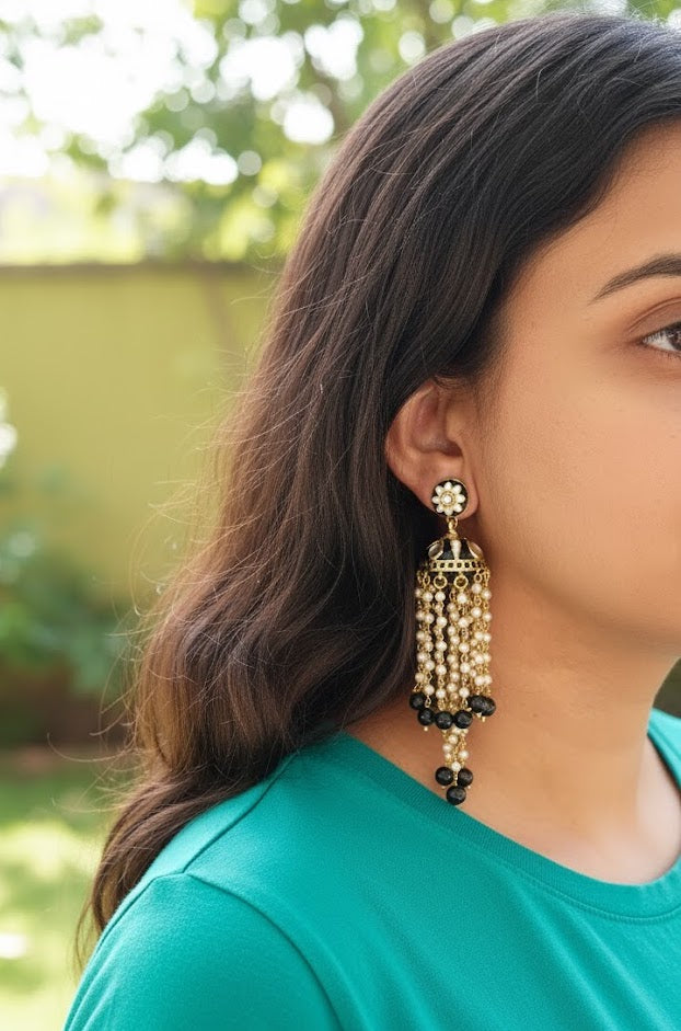 Black Meenakari Pearl Jhumki Earrings