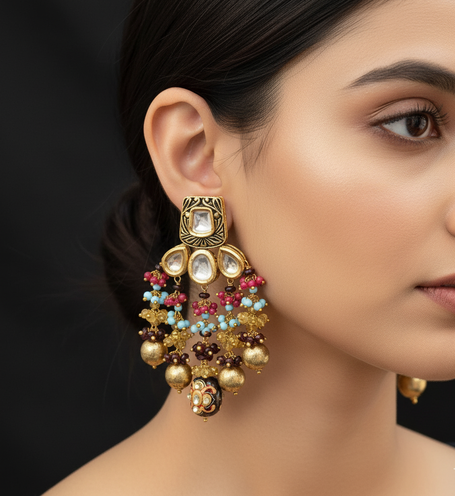 Black Meenakari Kundan Earrings