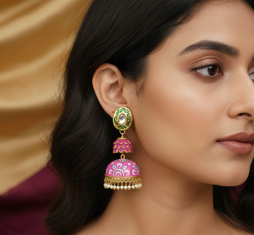 Pink Layered Handpainted Jhumki Earrings