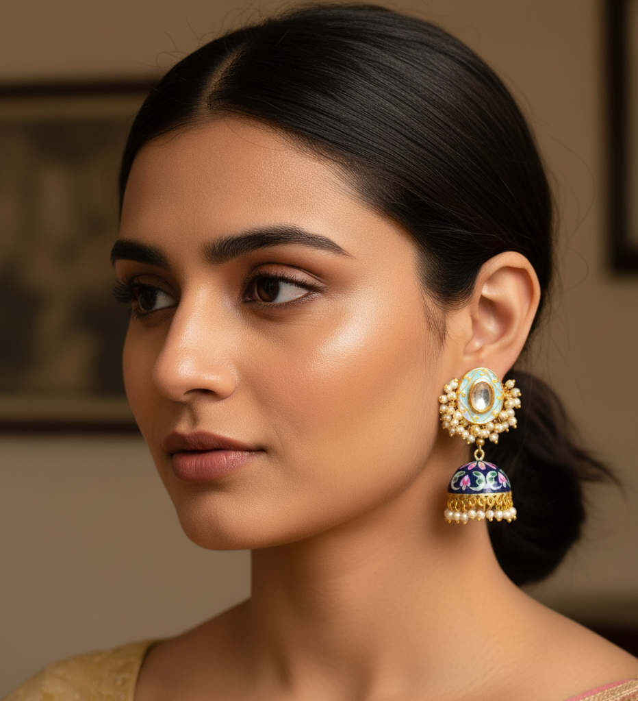 Blue Handpainted Jhumki Kundan Earrings