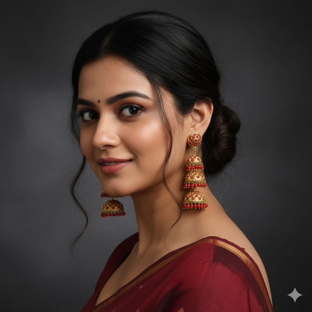 Three Layer Jhumki Gold Design Munga Stone Earrings