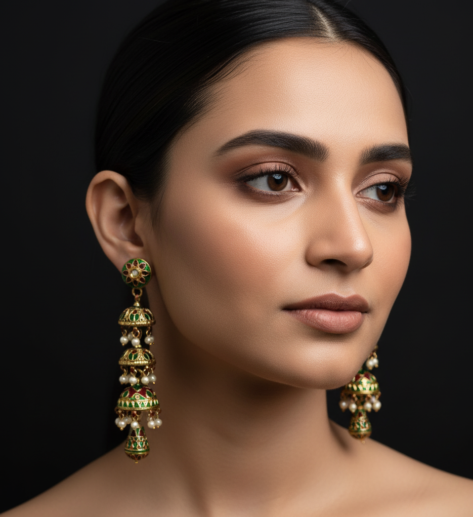 Green Meenakari Layered Jhumki