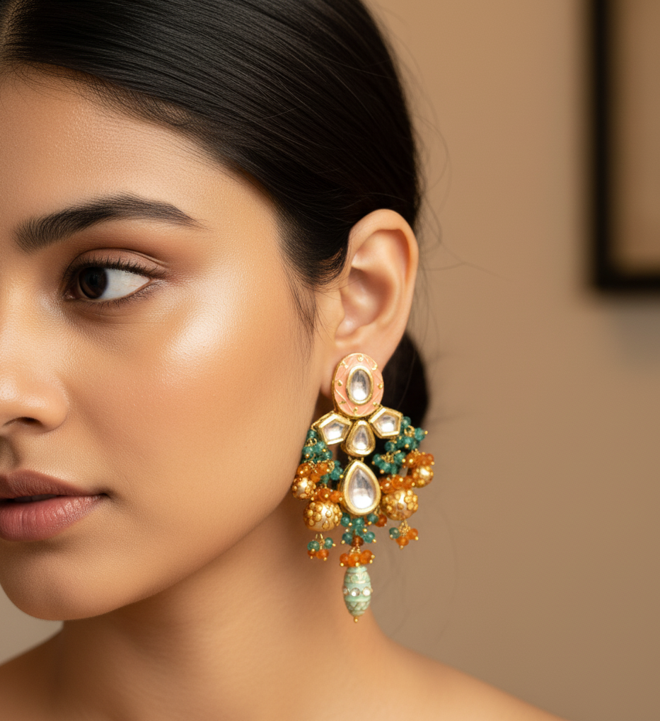 Peach Meenakari Jadau Beaded Earrings