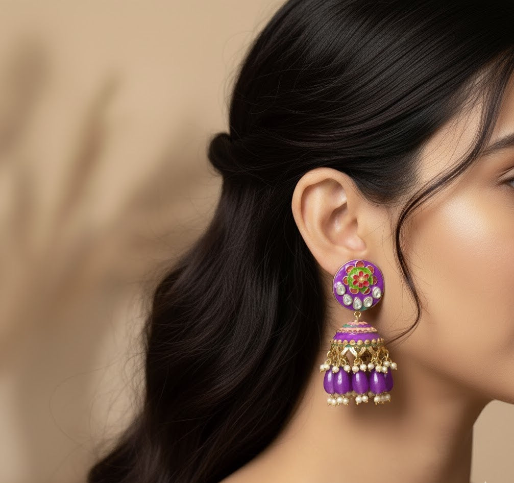 Purple Meenakari Jhumki Earrings