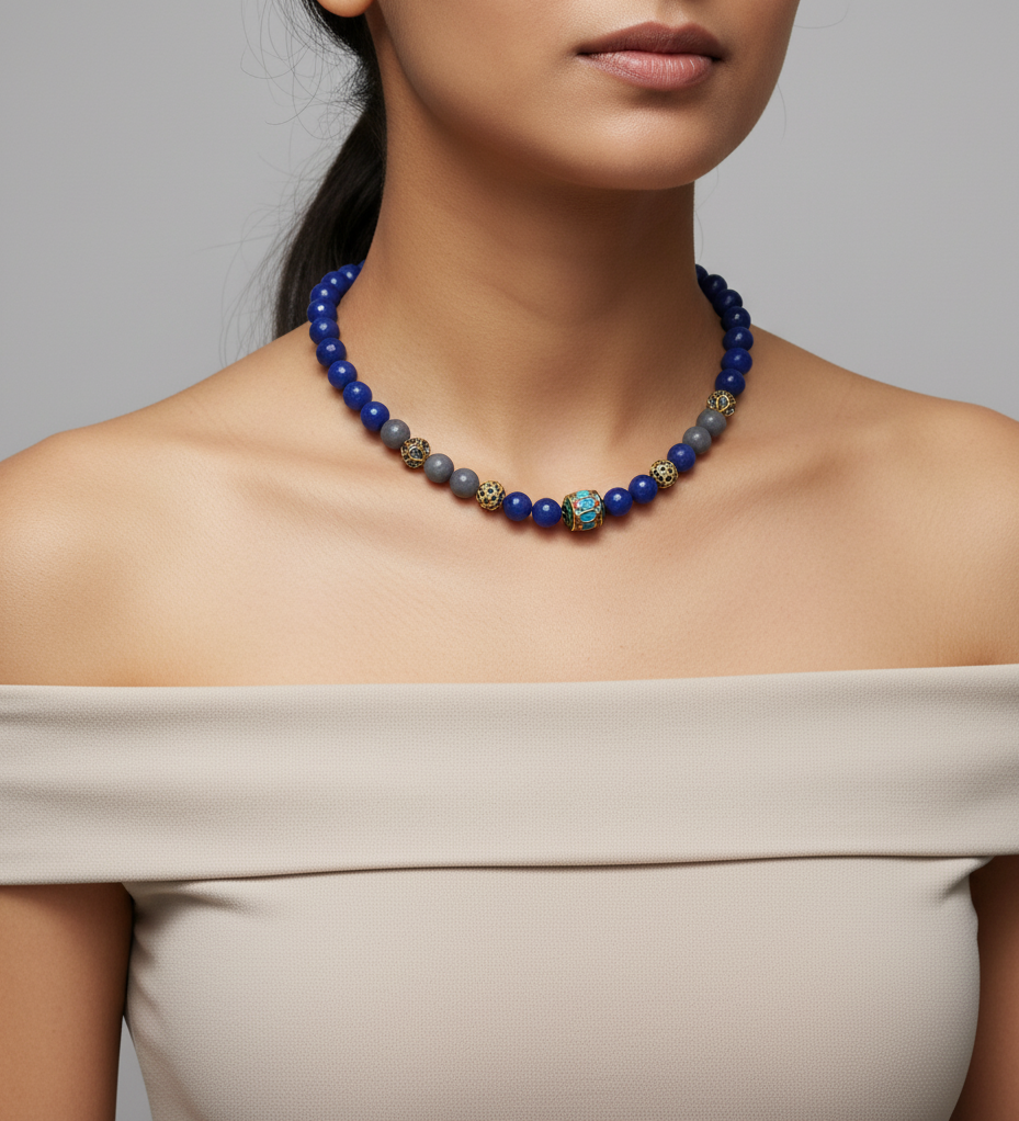 Blue and Grey Beads Stone Jadau Necklace