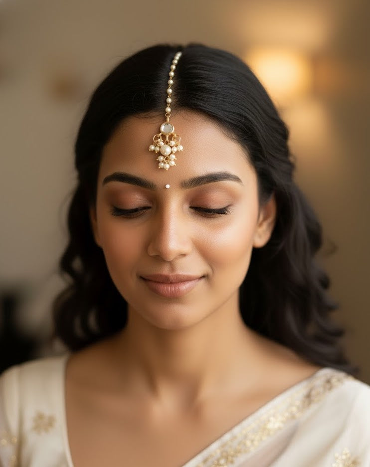 White Round Stone Pearl Beaded Maang Tikka