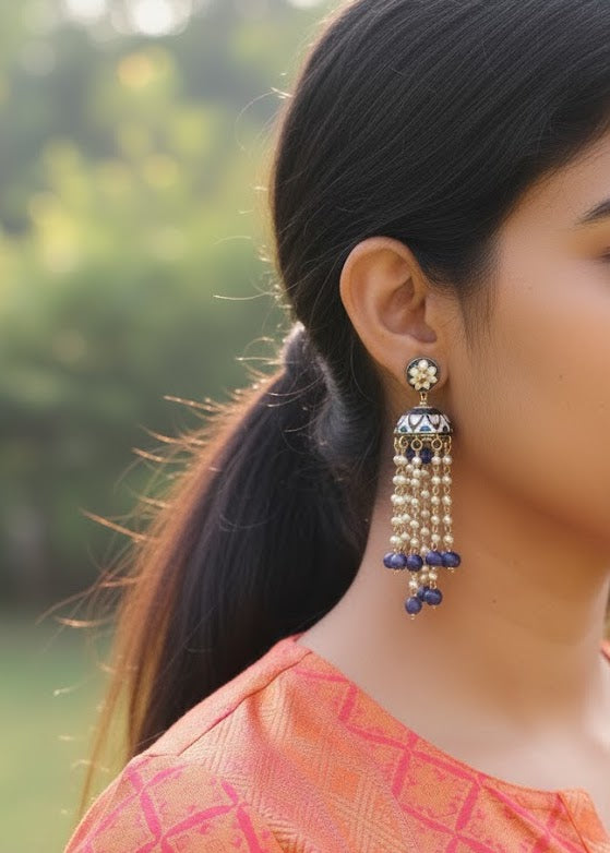 Dark Blue Meenakari Pearl Jhumki Earrings