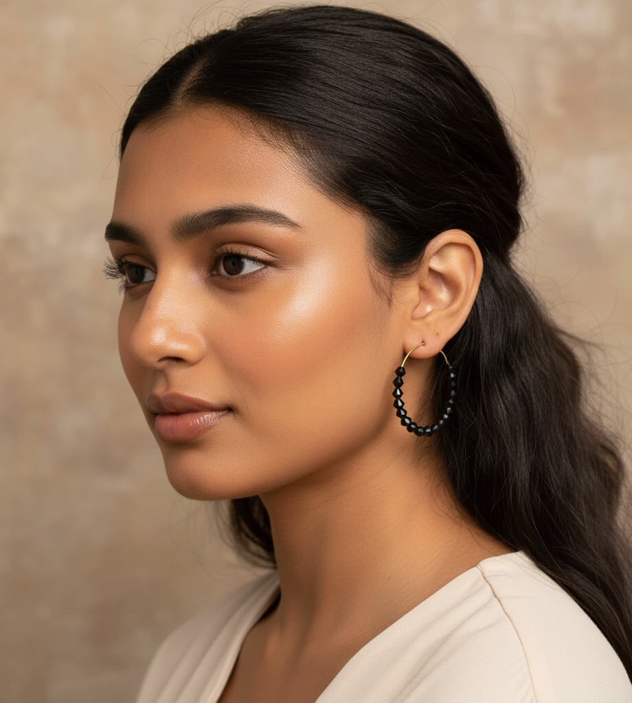 Black Beaded Hoop Earrings